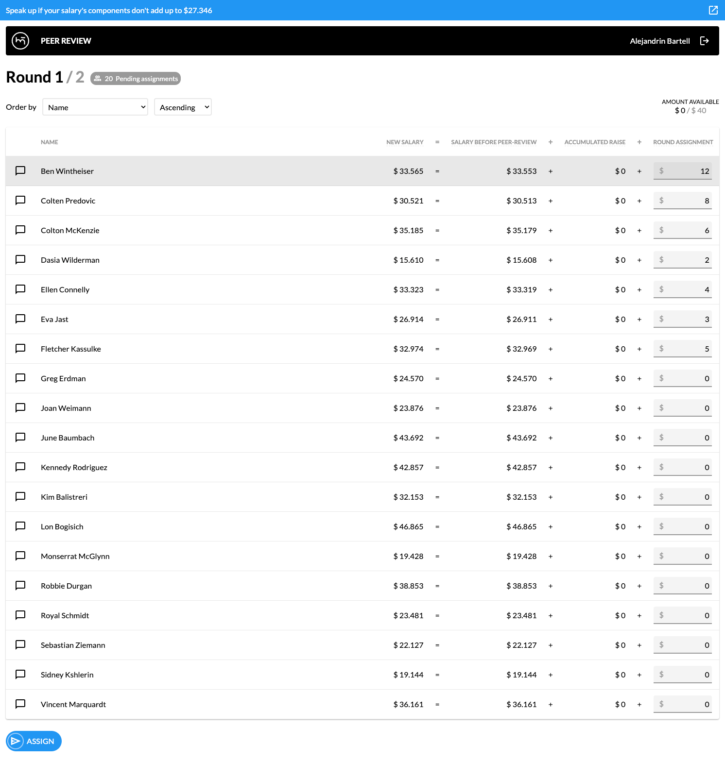 Assignment table