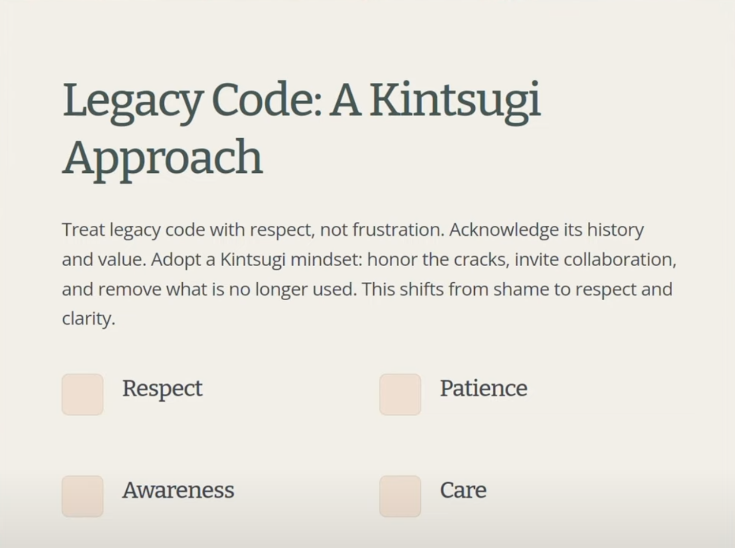 Kintsugi approach to legacy code